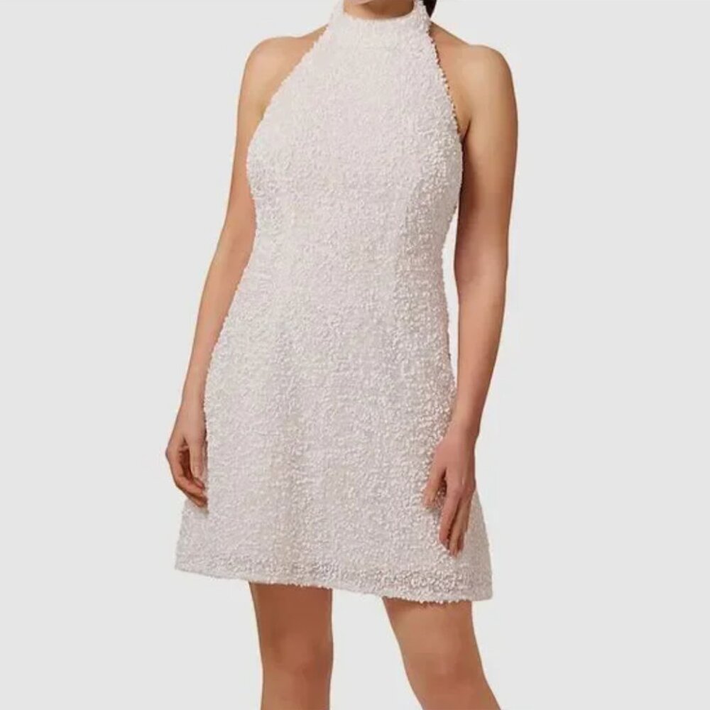 Liv Foster Sequin Halter Mini Dress Women's 4 Ivory Open Back Button Zip NWT